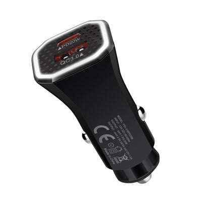 Black car USB-C charger with PD20W and QC3.0 dual charging ports