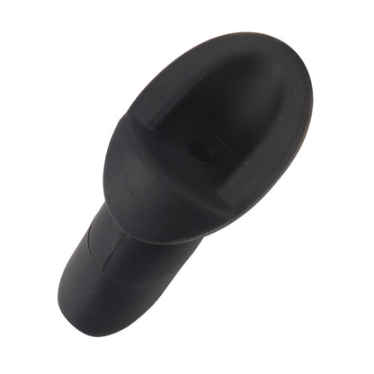 Black car antenna base cap with oval mounting head and cylindrical stem