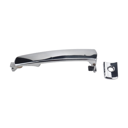 Left front outside door handle, chrome with black trim and mounting brackets