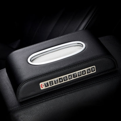 Black car tissue box with oval pull opening and numbered parking card strip