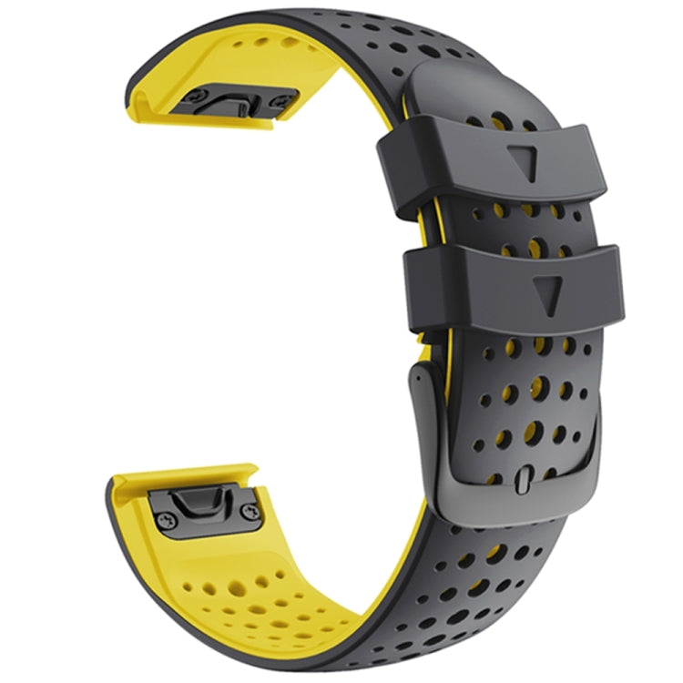 Two-color silicone watch strap with perforated holes and quick-release connectors, gray and yellow