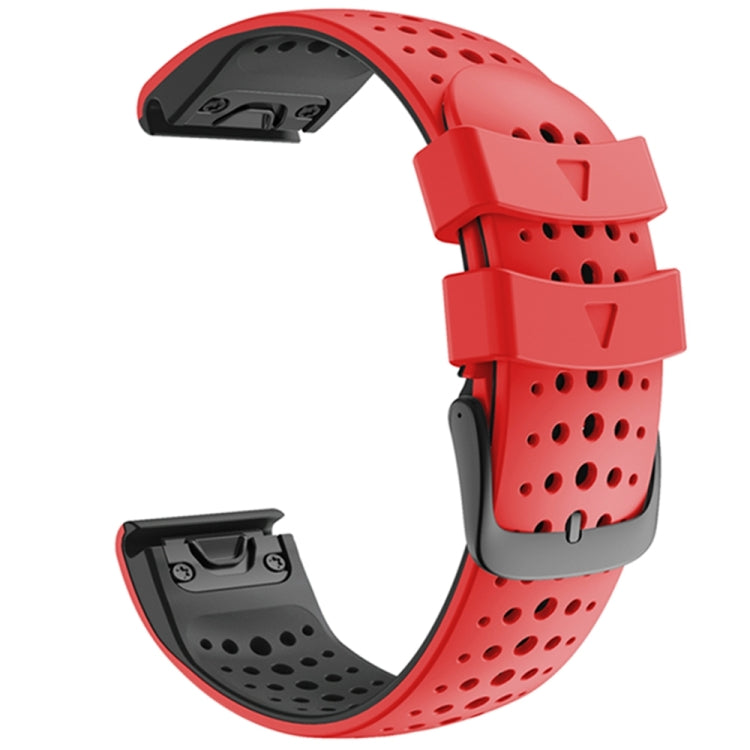 Two-color silicone watch strap with round-hole perforations and quick-release clasp, red and black