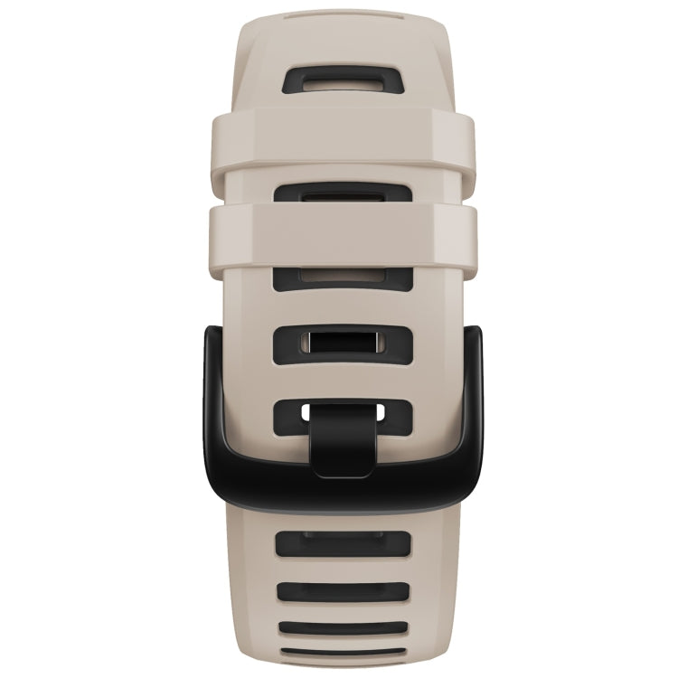 Two-tone silicone watch strap with tundra white top and black accents, closed clasp view