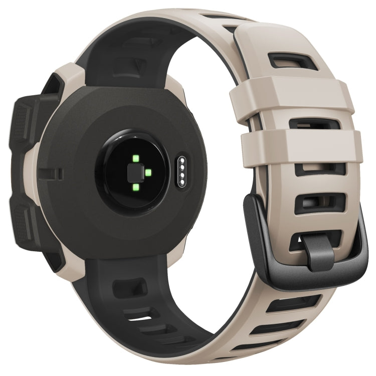 Two-tone silicone replacement watch strap in tundra white and black, back side view