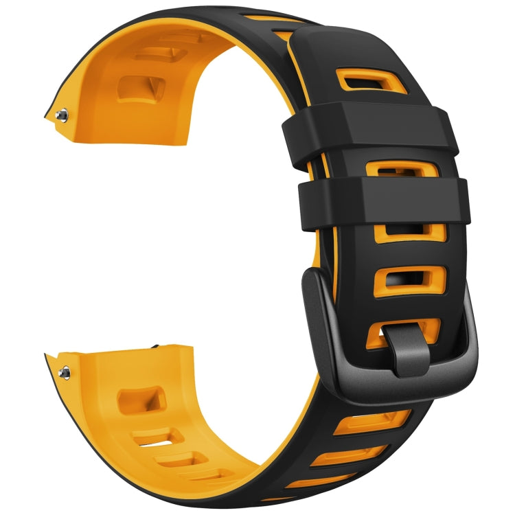 Two-tone silicone replacement watch strap in yellow and black, with vented link cutouts