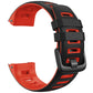 Two-tone silicone replacement watch strap in red and black, with vented link cutouts