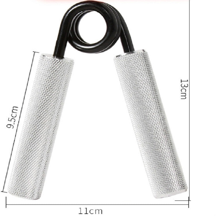 Wrist strength trainer with black spring and silver mesh grips, size shown