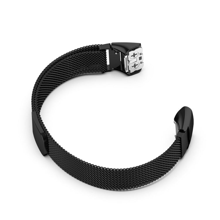 Black Milanese mesh watchband with connector and clasp detail