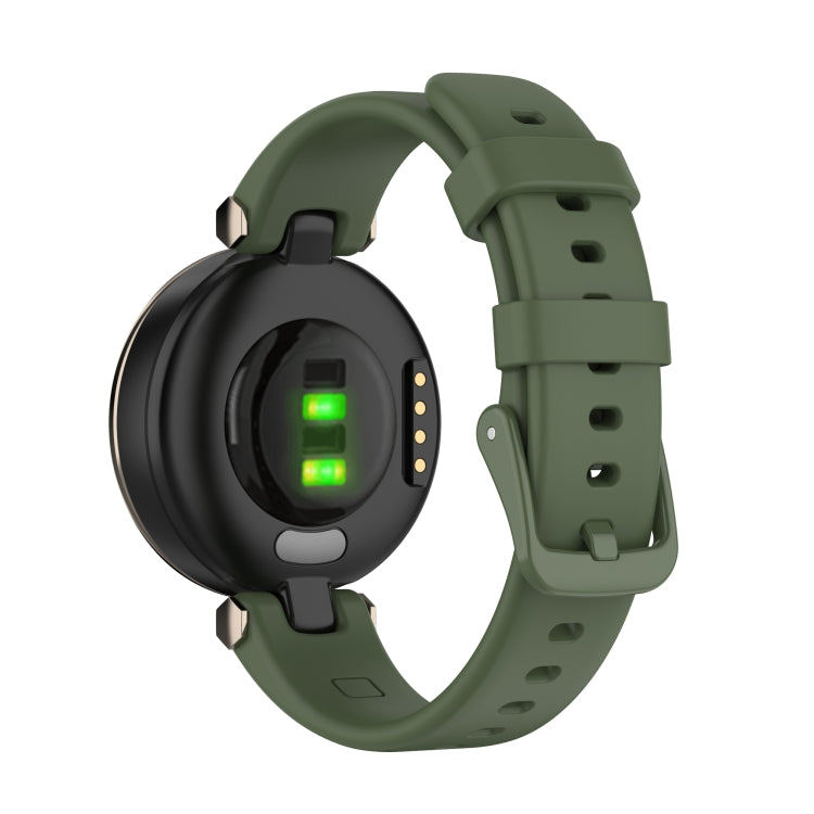Olive silicone watch band for Garmin Lily attached to watch body