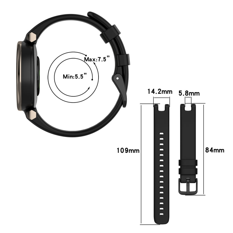 Black silicone watch band for Garmin Lily with size diagram and clasp