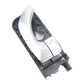Front right inner door handle, silver lever on black interior trim housing