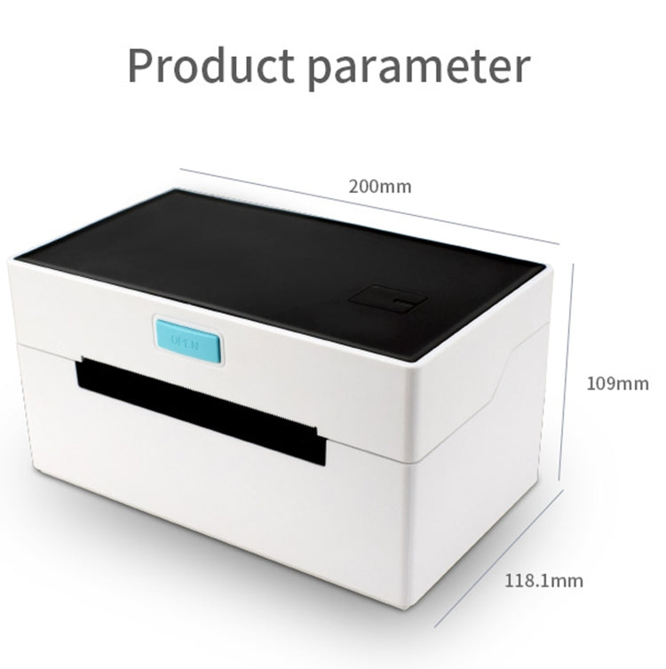 Thermal label printer, white body with label slot and blue display, shown with dimensions