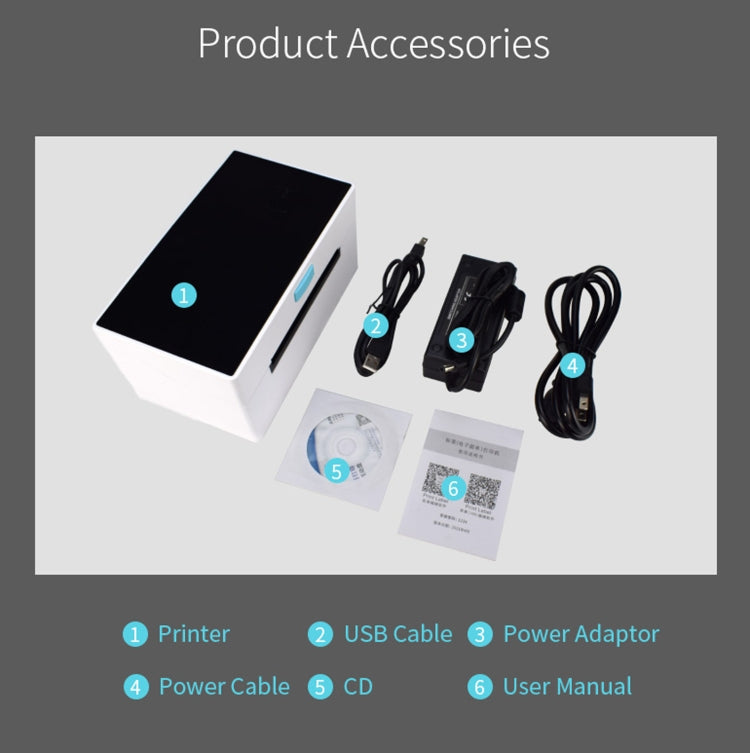 Thermal label printer accessories set: USB cable, power adaptor, power cable, CD and manual