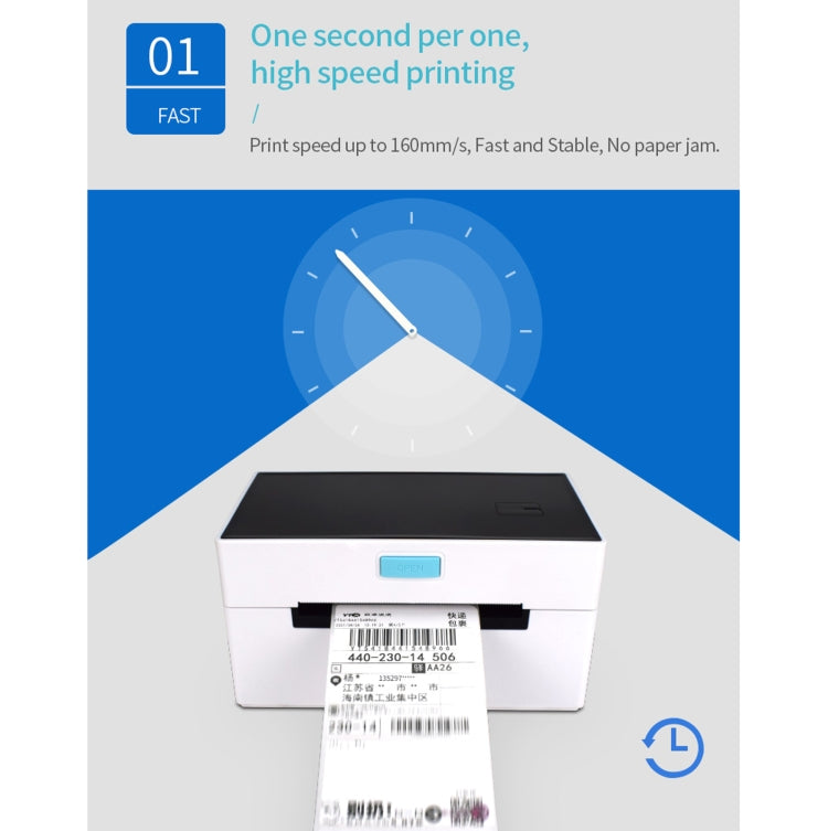 Thermal label printer printing a label, white body with blue screen and open front slot