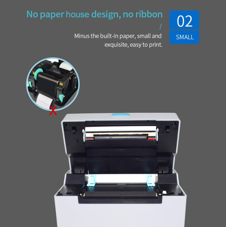 Thermal label printer with top cover open, showing internal print mechanism