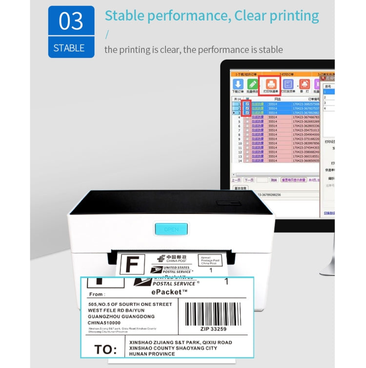 Thermal label printer dispensing a postal-style label from the front output slot
