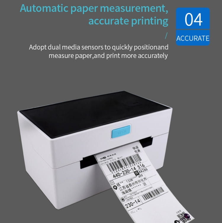 Thermal label printer with self-adhesive labels exiting and blue status display