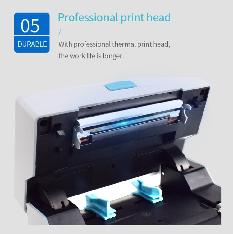 Thermal label printer with open print head mechanism and blue feed guides