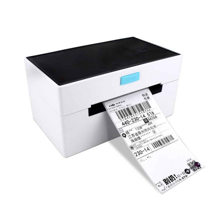 Thermal label printer with self-adhesive labels feeding out and blue status display