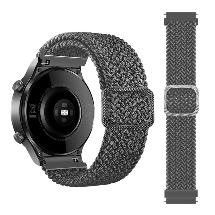 Braided nylon watch strap with adjustable clasp, dark gray weave