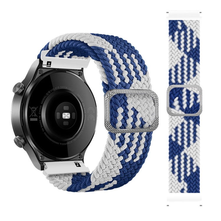 Braided nylon watch strap with adjustable clasp, blue and white zigzag weave