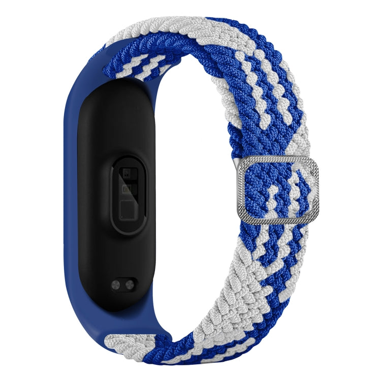 Braided nylon watchband strap in blue and gray with metal buckle clasp
