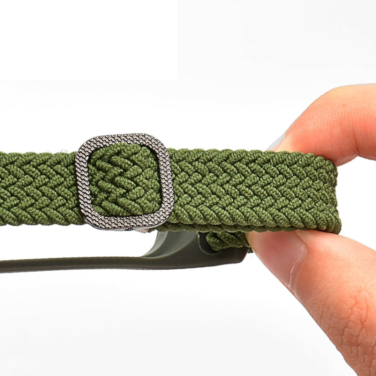 Olive green braided nylon watchband with metal buckle and adjustable loop