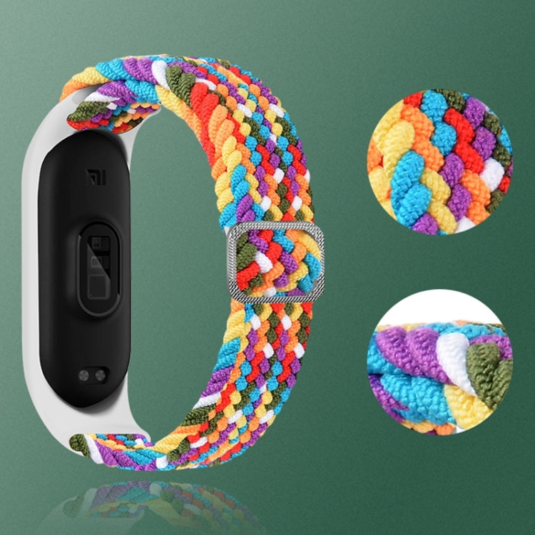 Multicolor braided nylon watchband strap with metal buckle and close-up texture