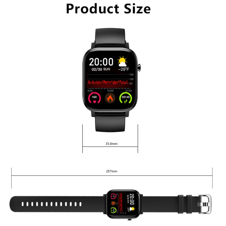 Black smartwatch bracelet with front view square TFT screen and size diagram