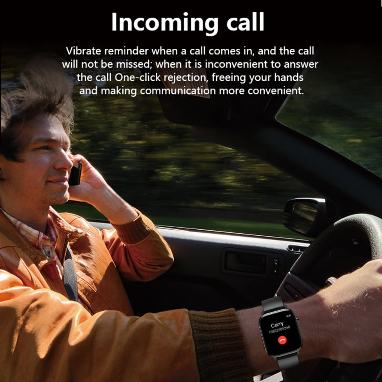 Black smartwatch bracelet worn on wrist with small incoming call display