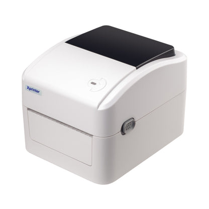 White thermal barcode printer with black top cover and front paper feed opening