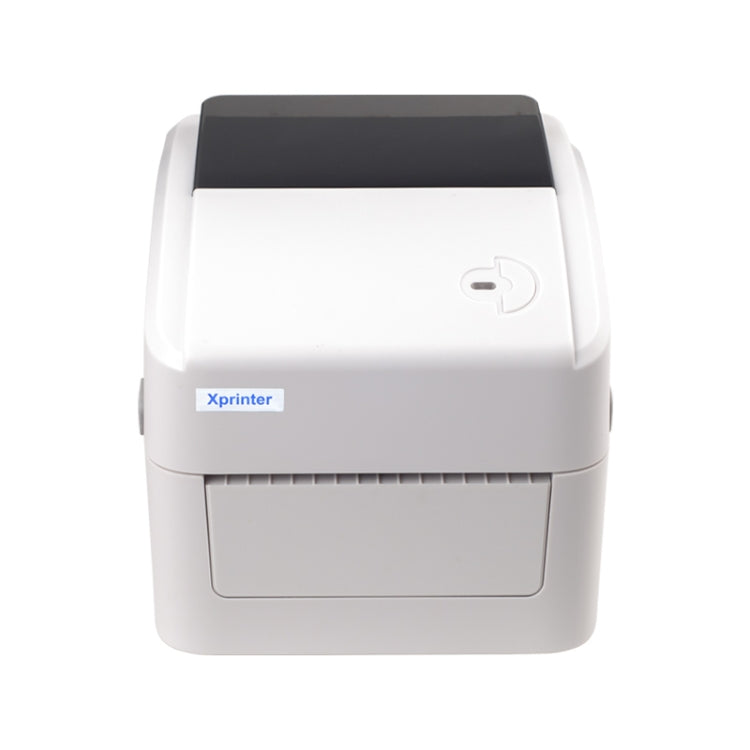 White thermal barcode printer front view with black top cover and front panel