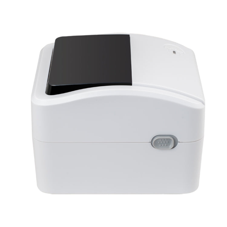 White thermal barcode printer side view with black top cover and round port