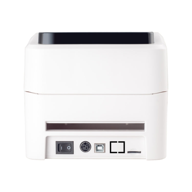 White thermal barcode printer rear panel with power switch and data port