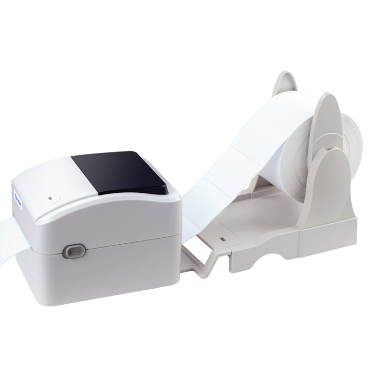 White thermal barcode printer with open cover showing label roll compartment