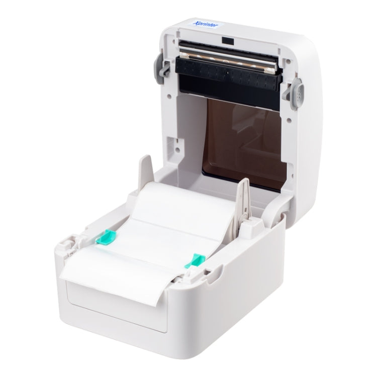 White thermal barcode printer open view showing print mechanism and label tray