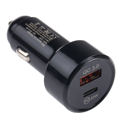 Black mini car charger with USB-C PD 20W and QC 3.0 USB ports