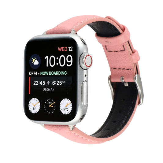 Light pink genuine leather watch strap with metal buckle, fastened to a smartwatch.