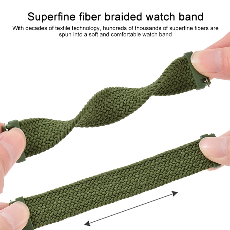 Braided nylon watch strap in olive green, flexible woven band with metal buckle ends