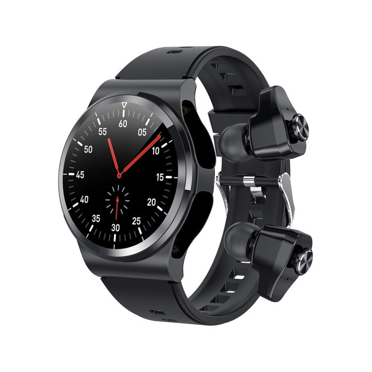 Black touchscreen smart watch with round dial, red second hand, and silicone strap.
