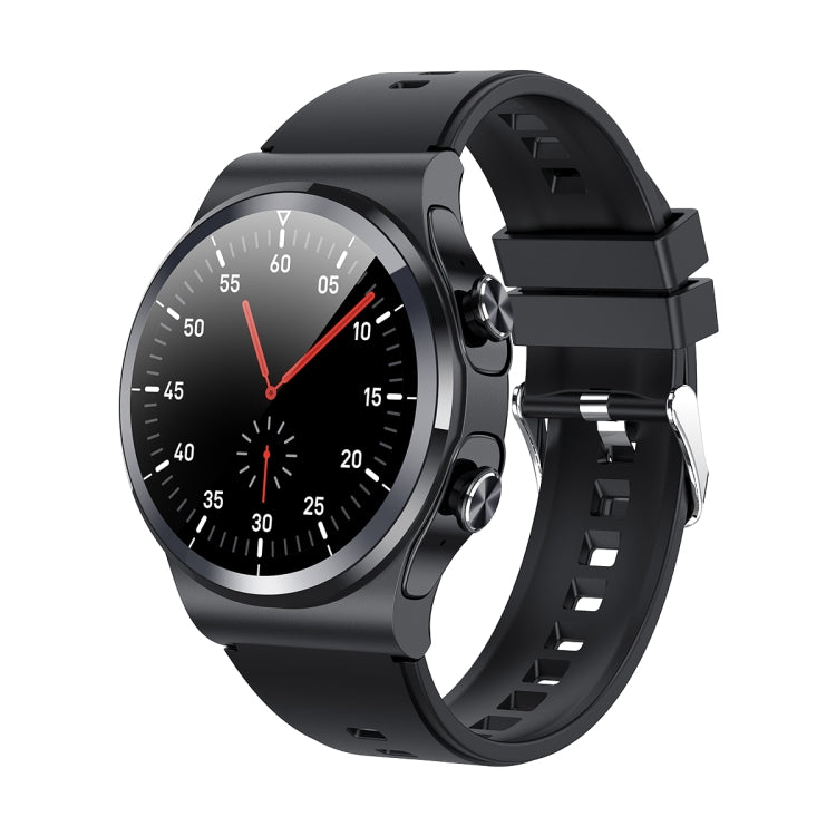 Black touchscreen smart watch with round display, red hands, and adjustable silicone band.