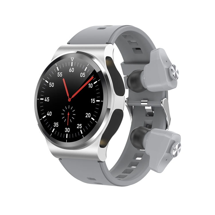 Silver touchscreen smart watch with round dial and black face, red second hand, silicone strap.