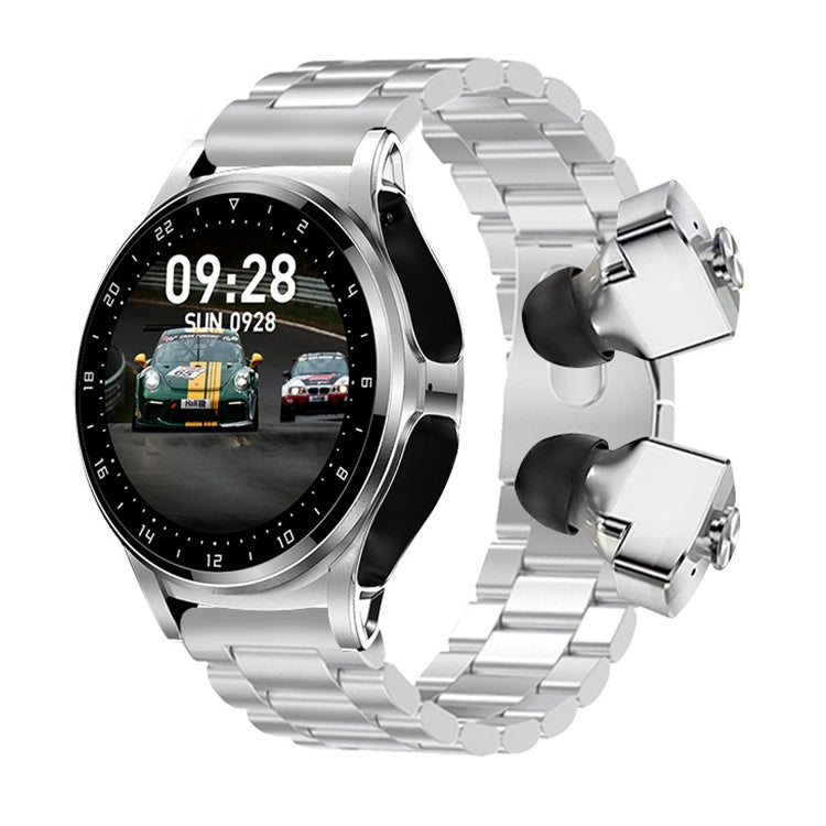 Silver stainless-steel smartwatch with black display showing a calendar-style view.