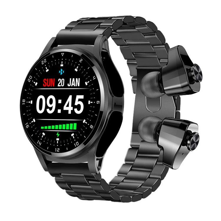 Black touchscreen smartwatch with round dial, digital time readout, and link bracelet.