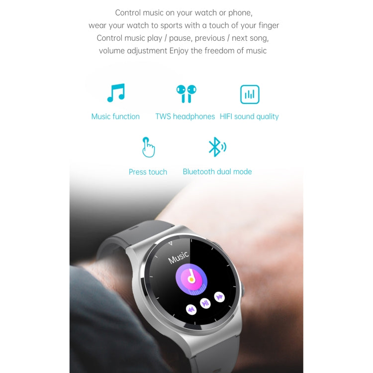 Silver smartwatch worn on wrist, touchscreen showing colorful music and app icons.