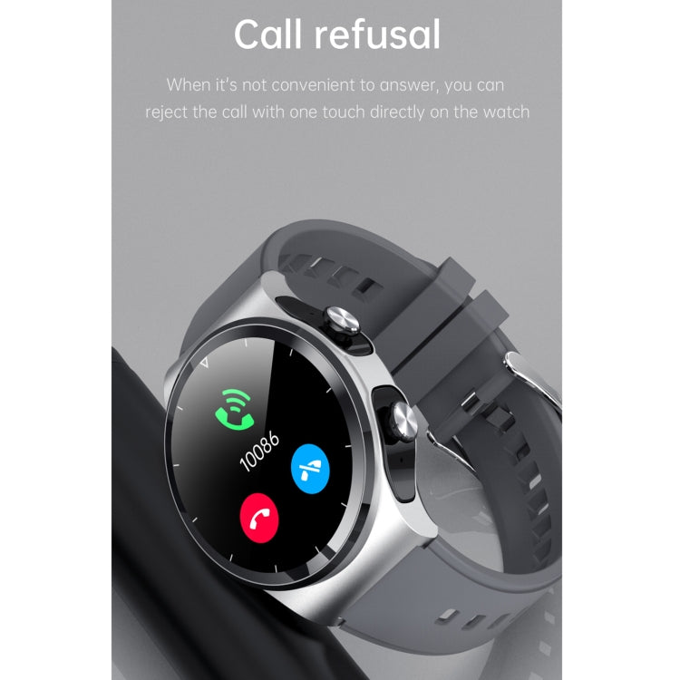 Silver and black smartwatch with touchscreen showing call controls and status icons.