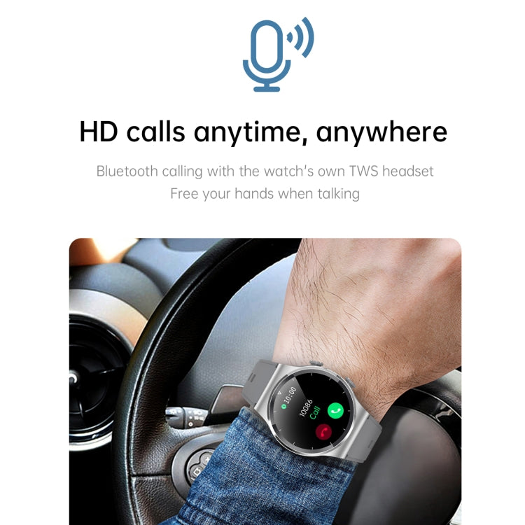 Silver smartwatch on wrist in car interior, touchscreen showing call screen icons.