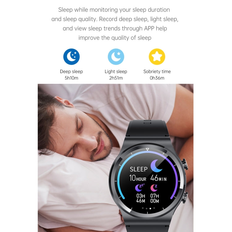 Smartwatch with black band showing sleep tracking on wrist with moon icon