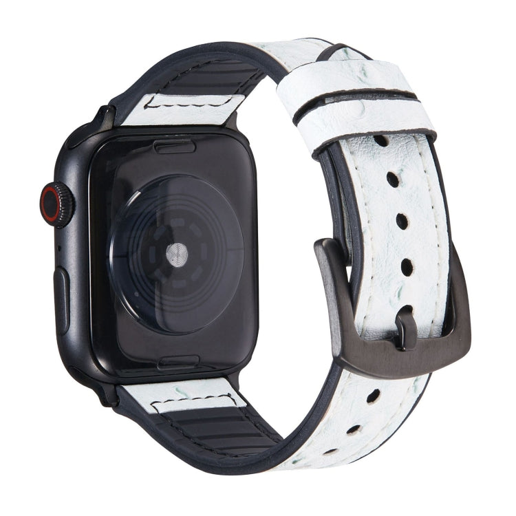 White ostrich-texture leather watch band with black clasp and pin holes