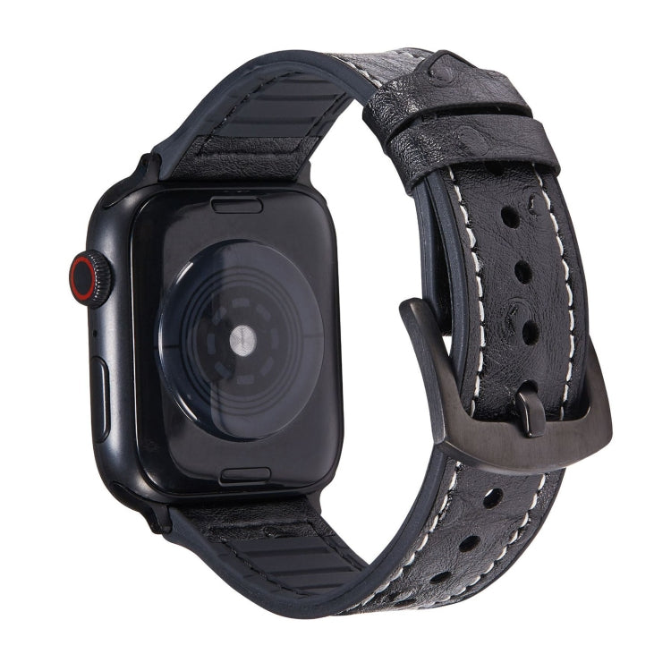 Black ostrich-texture leather watch band with black clasp and stitched pin holes